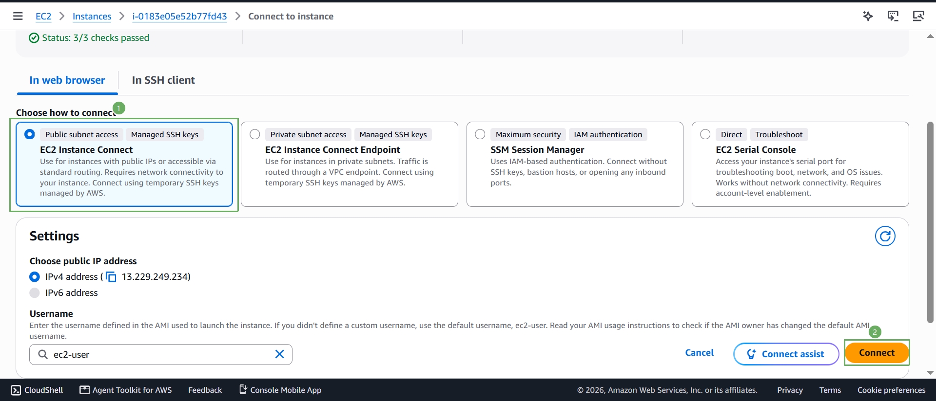 Choose EC2 Instance Connect and connect with the default username