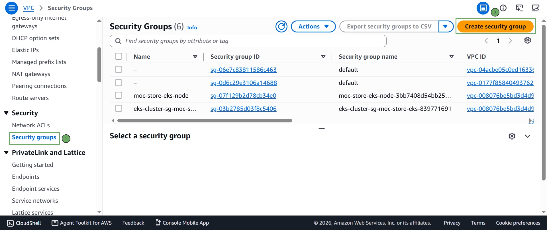 Open Security groups and select Create security group