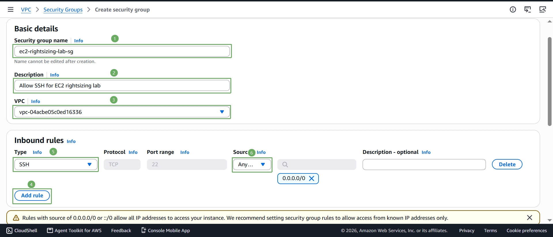 Fill in the security group name, description, VPC, and SSH inbound rule