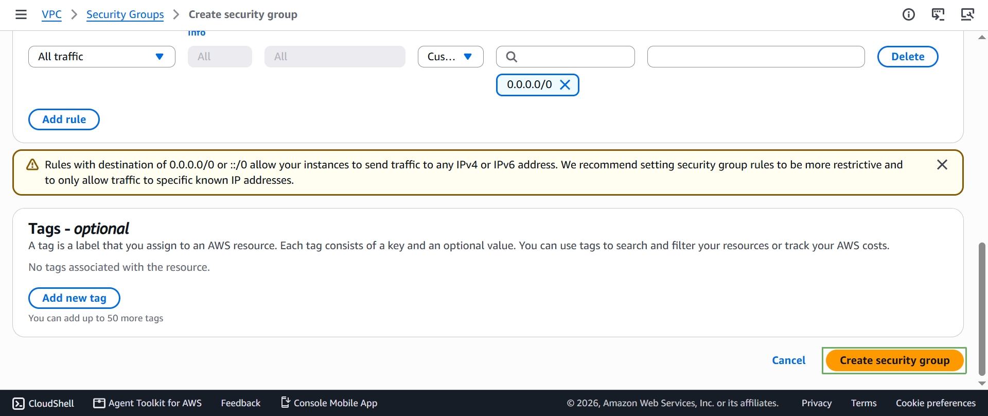 Leave outbound rules at default and select Create security group