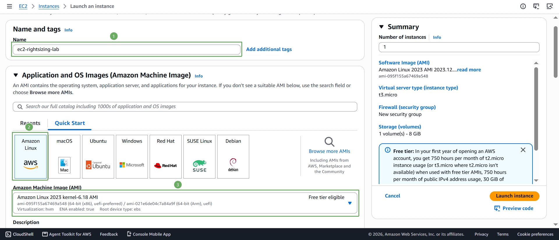 Set the instance name and keep the Amazon Linux 2023 AMI selected