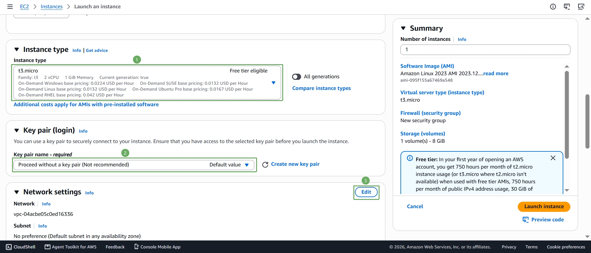 Keep t3.micro, proceed without a key pair, and edit network settings