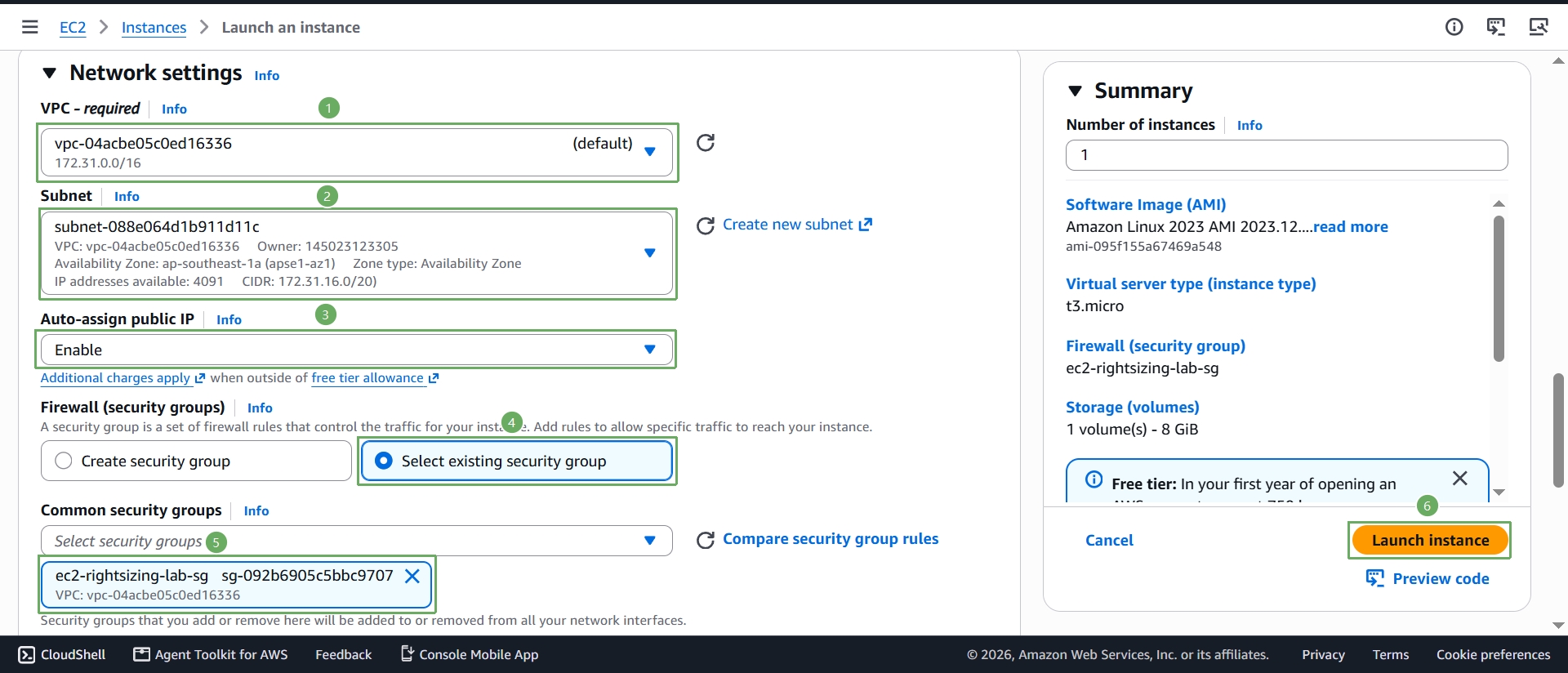 Configure network settings and select the existing security group