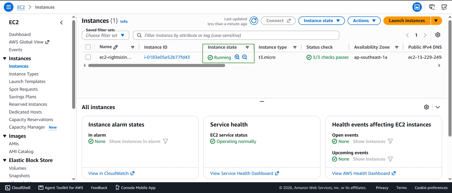 Instance running with 3/3 status checks passed