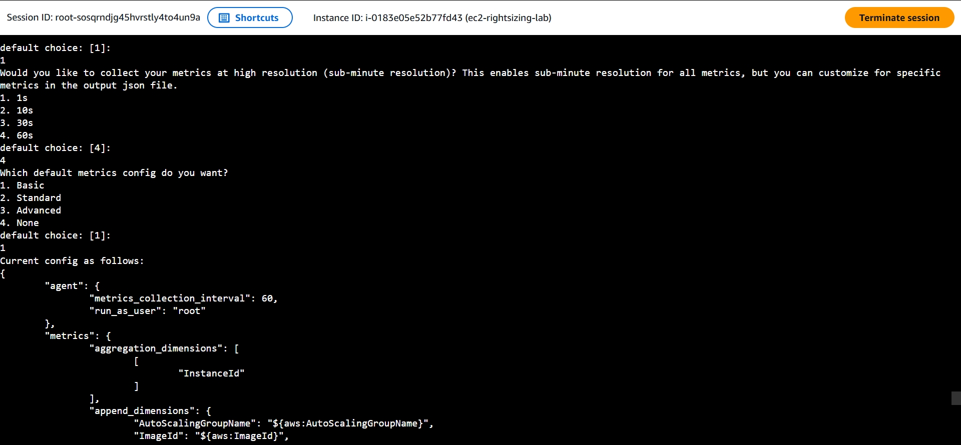 Wizard: resolution and default metrics config, generated JSON begins