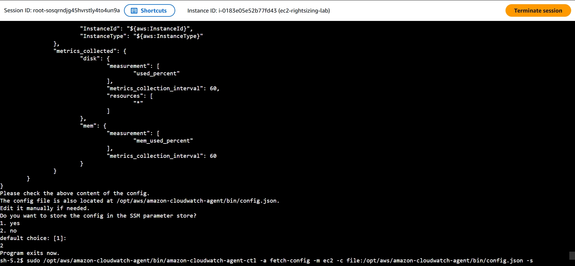 Final config JSON showing the mem and disk metrics_collected blocks, wizard exits
