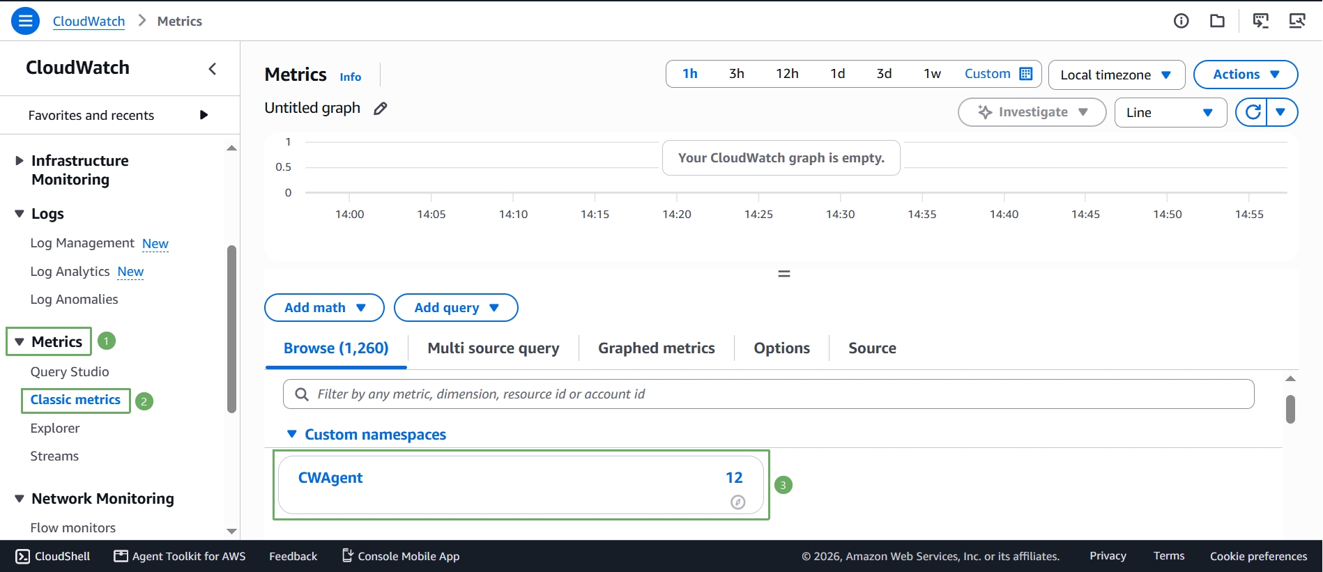 CWAgent custom namespace listed under Metrics