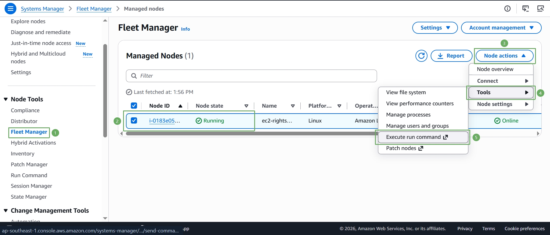 Fleet Manager, Node actions, Tools, Execute run command