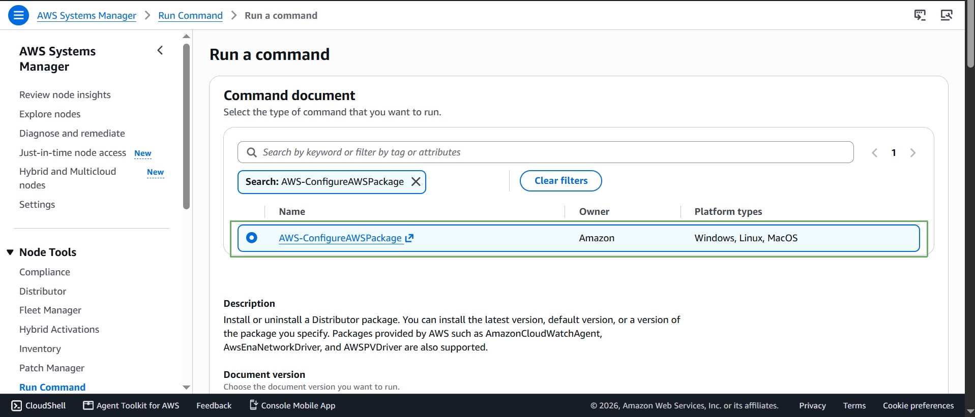 AWS-ConfigureAWSPackage command document selected