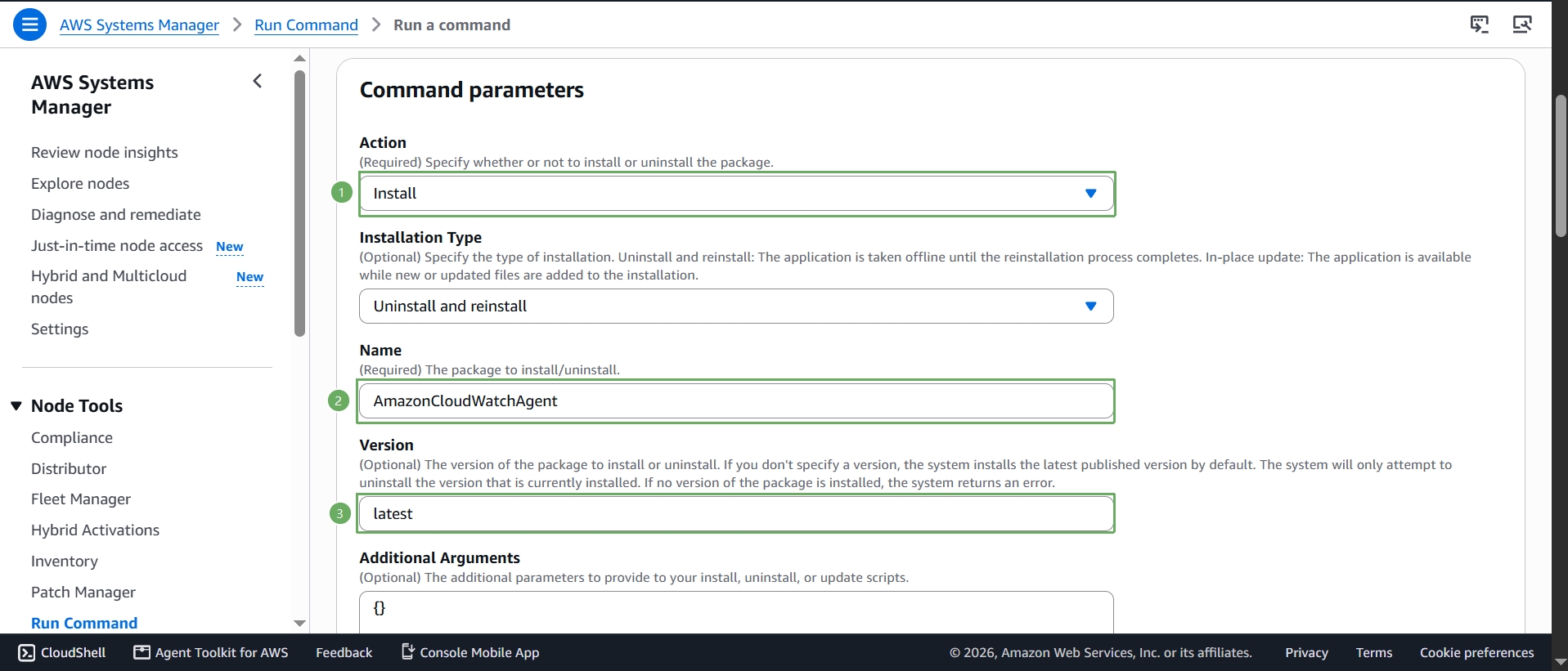 Command parameters: Install, AmazonCloudWatchAgent, latest
