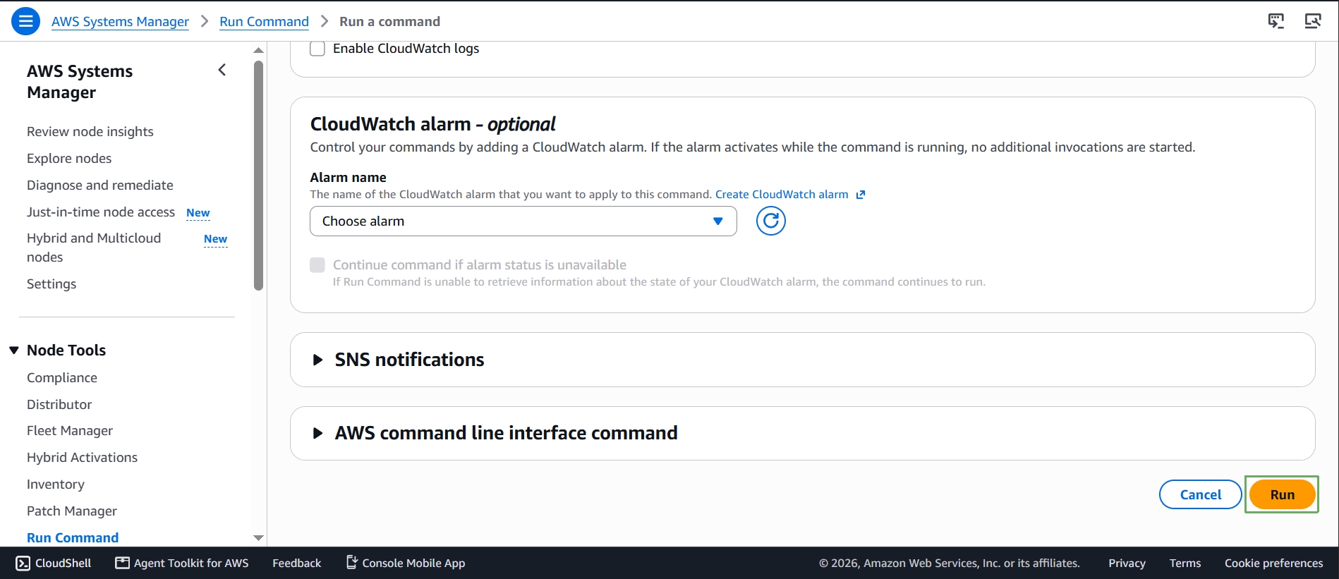 Optional CloudWatch alarm and SNS notification sections, then Run