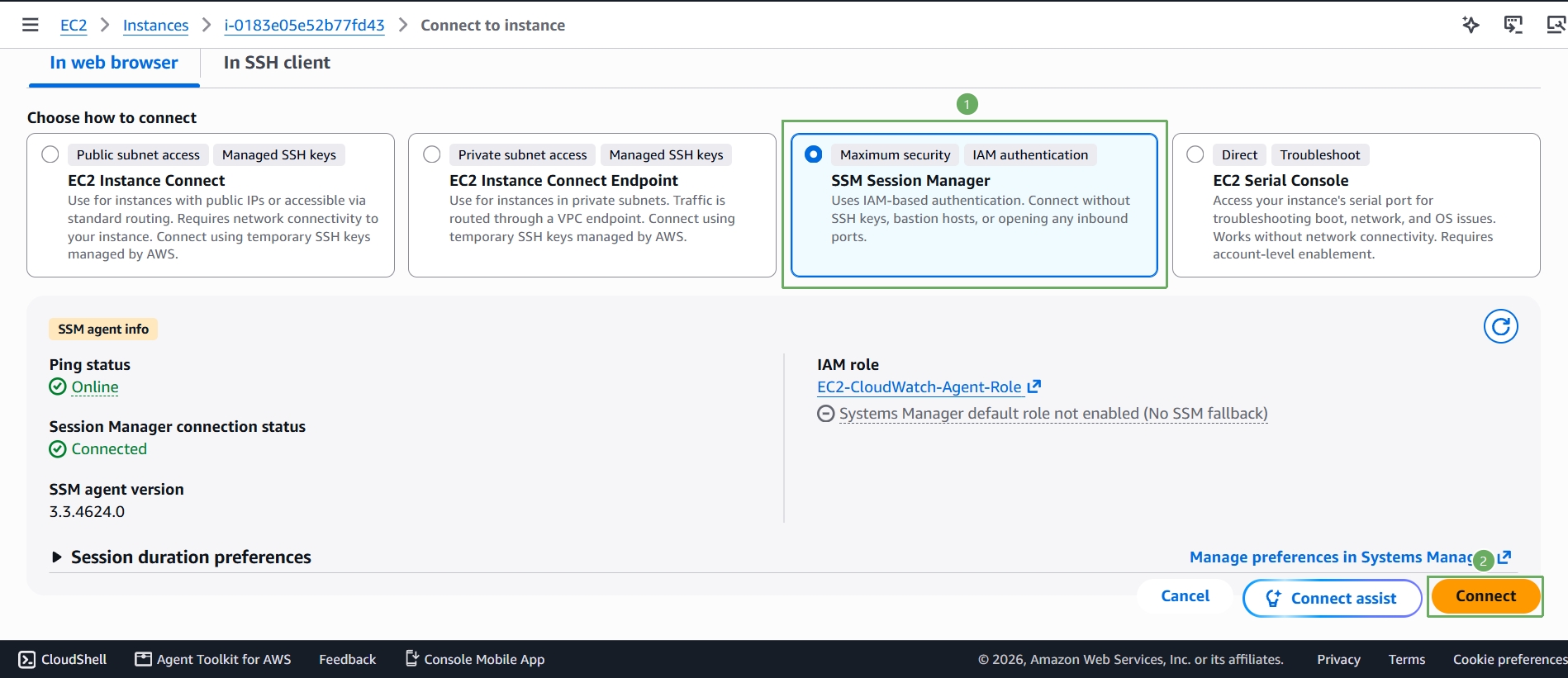 Choose SSM Session Manager to connect, showing Online ping status and the attached IAM role