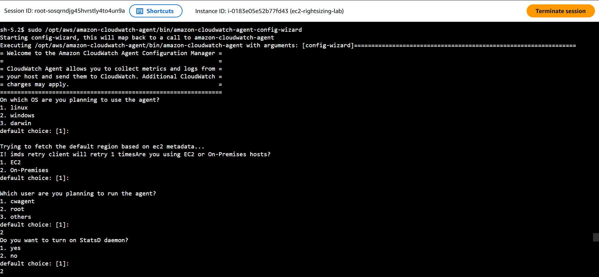 Wizard start: OS, EC2/On-Premises, user, StatsD, CollectD questions