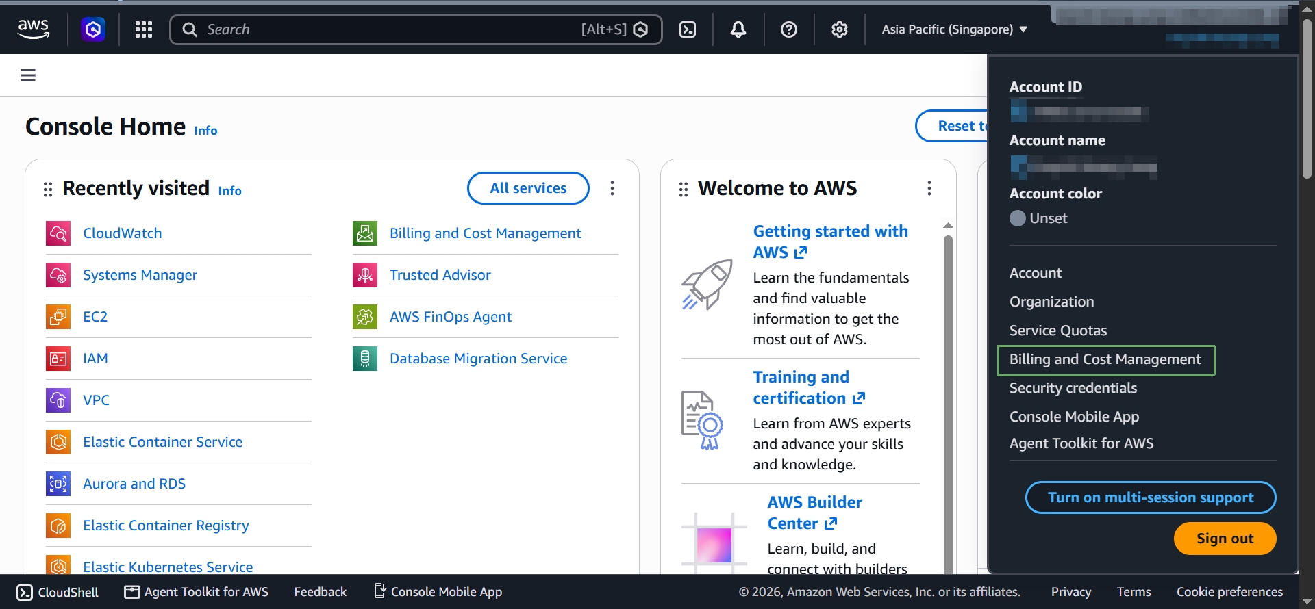 Account menu with Billing and Cost Management highlighted