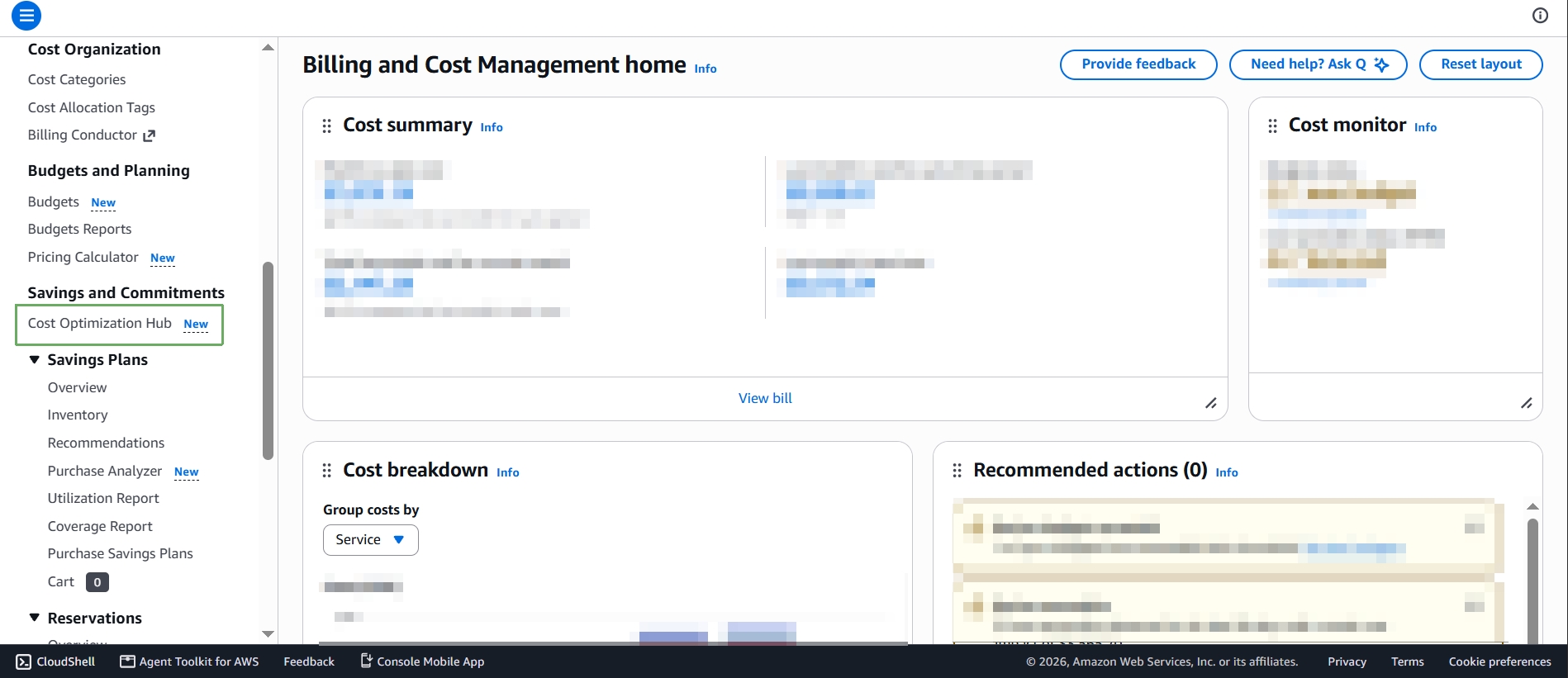 Billing home page with the Cost Optimization Hub link in the left navigation