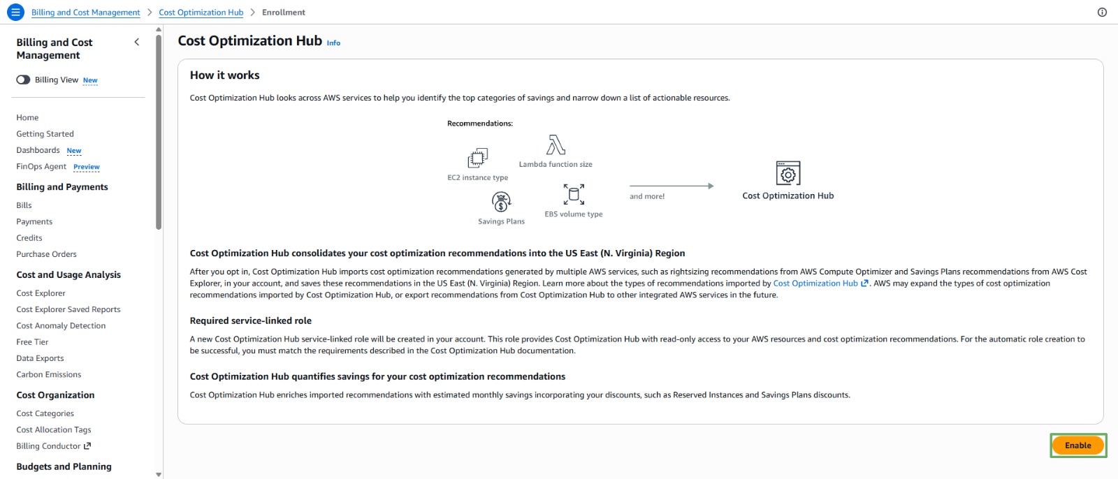 Cost Optimization Hub enrollment page explaining how it works, with the Enable button