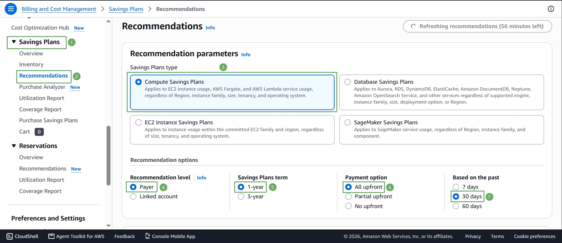 Savings Plans Recommendations page with Compute Savings Plans and recommendation parameters