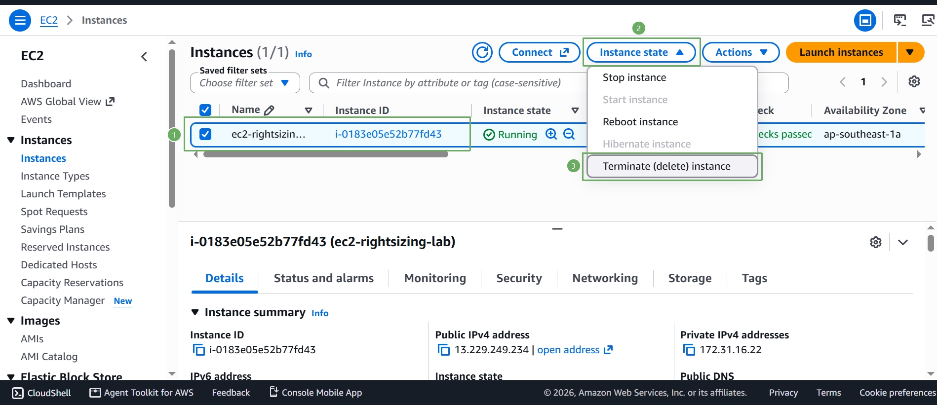 Select the instance, then Instance state, Terminate (delete) instance