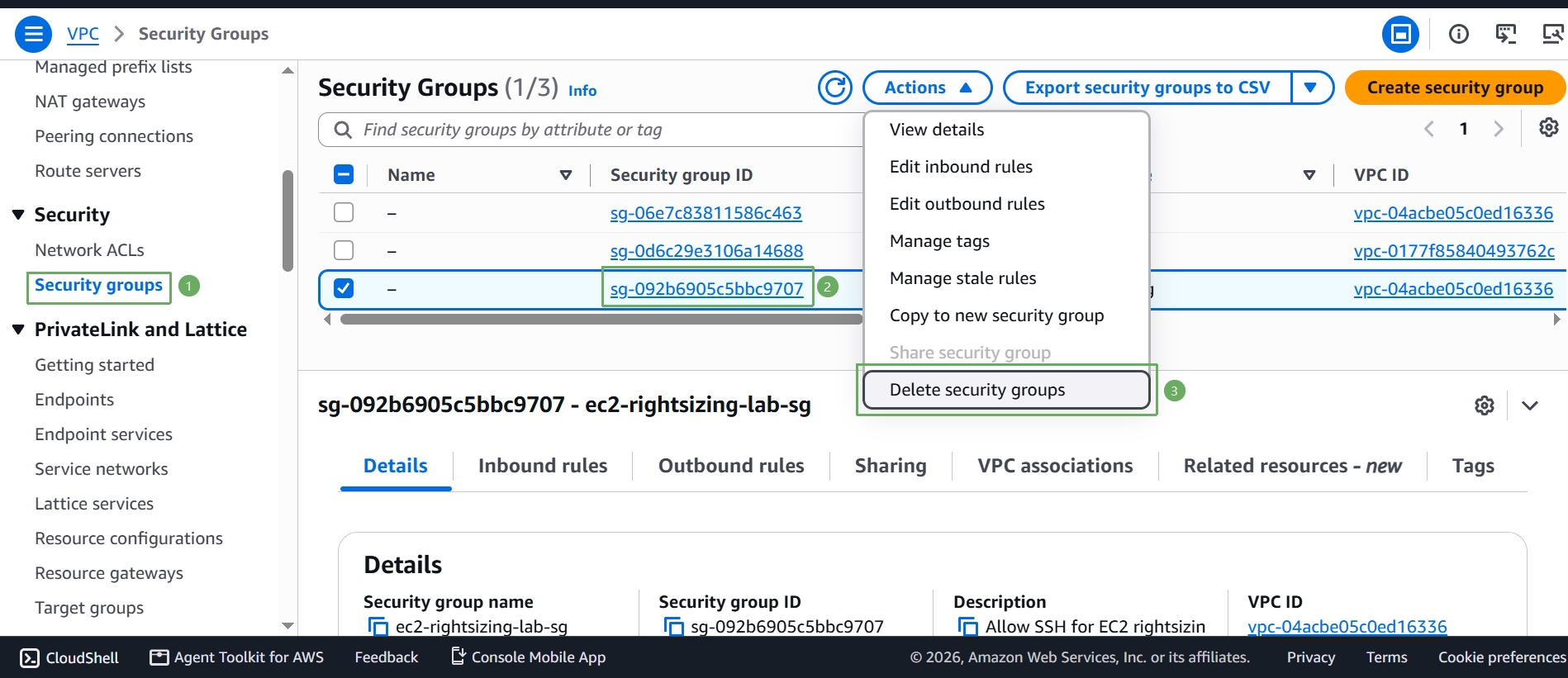 Select the security group, then Actions, Delete security groups