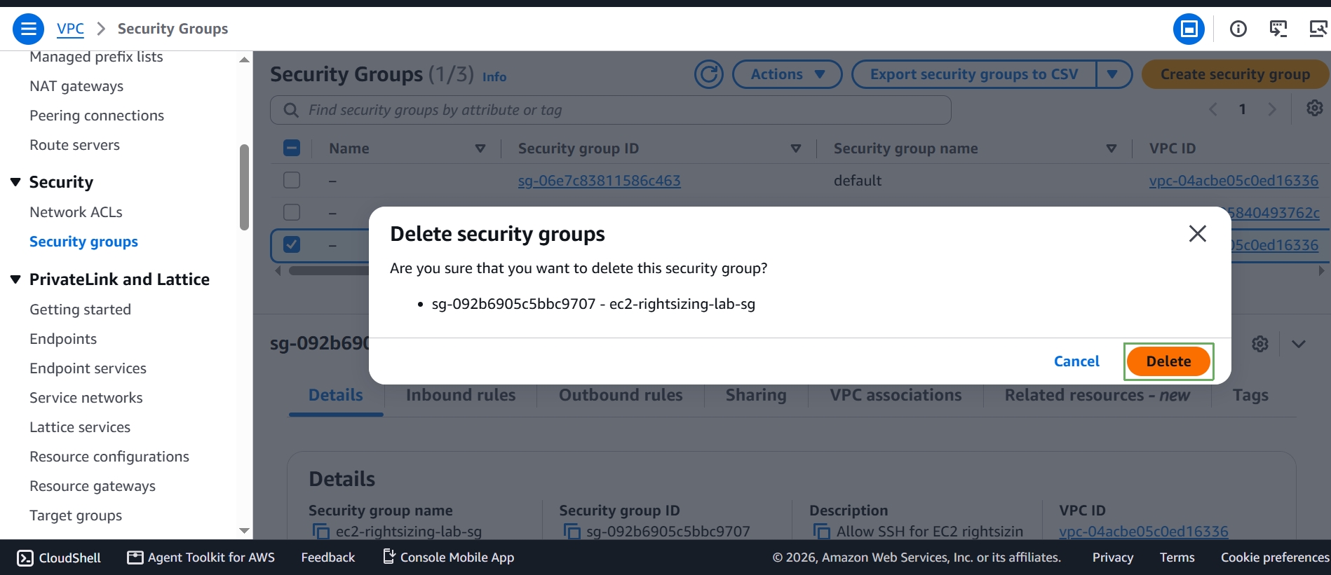 Confirmation dialog for deleting the security group
