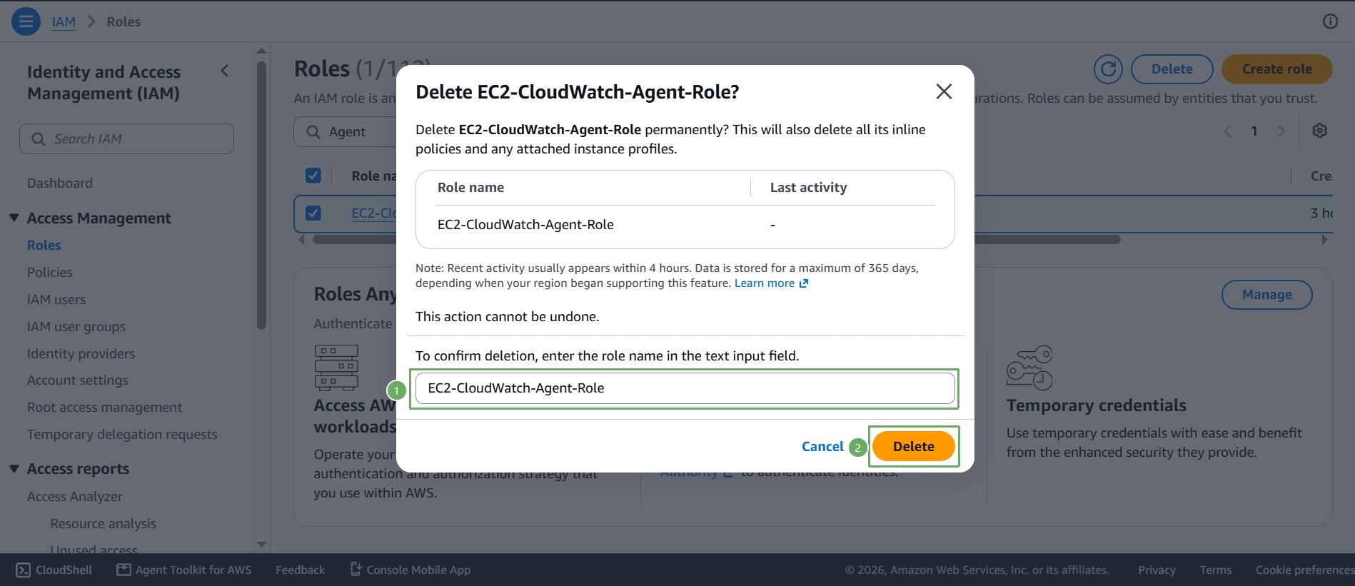 Confirmation dialog requiring the role name to be typed before deleting